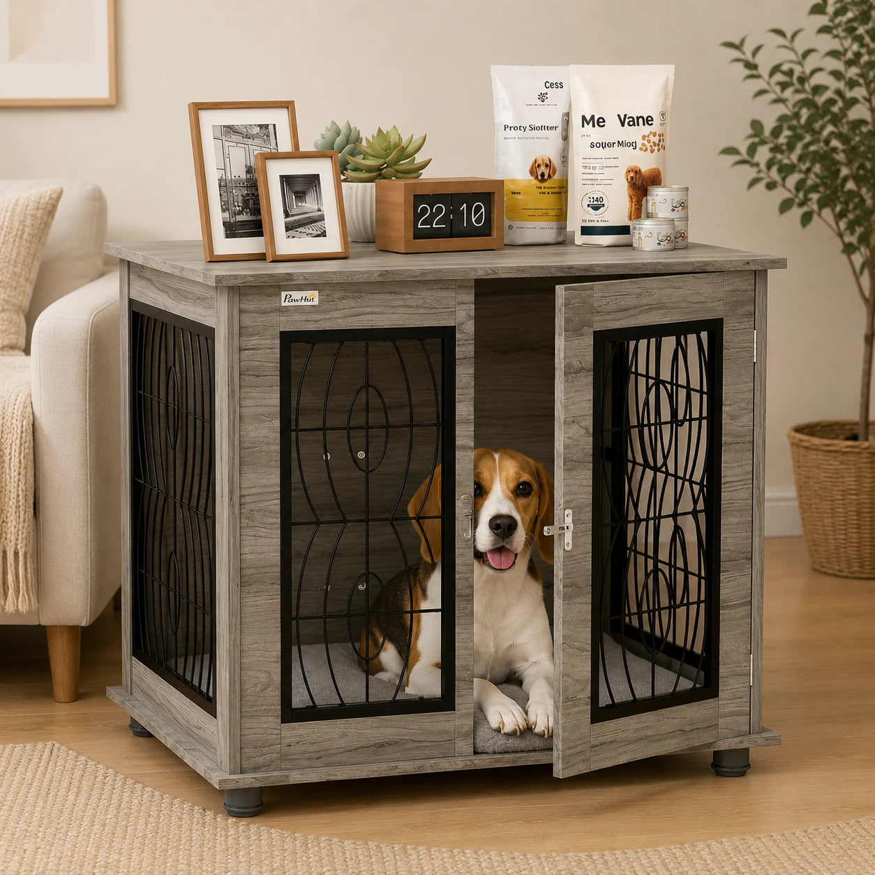 Furniture-Style Dog Crate with Washable Cushion – Grey