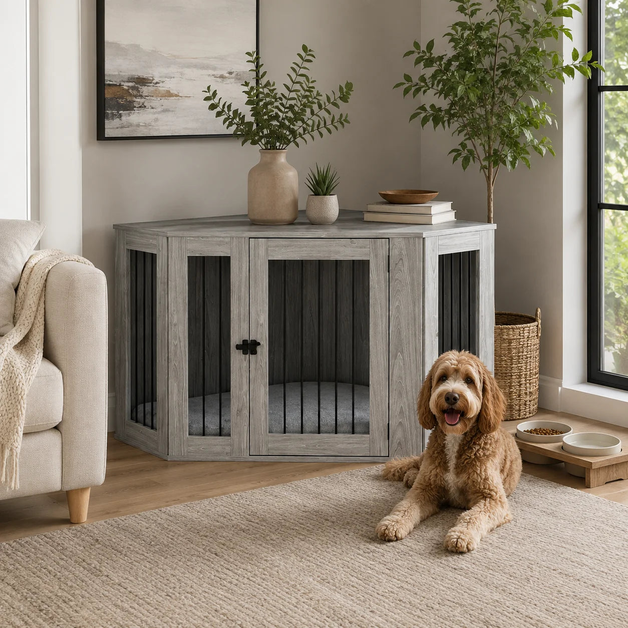 Grey Dog Crate Furniture with Cushion and Large Door