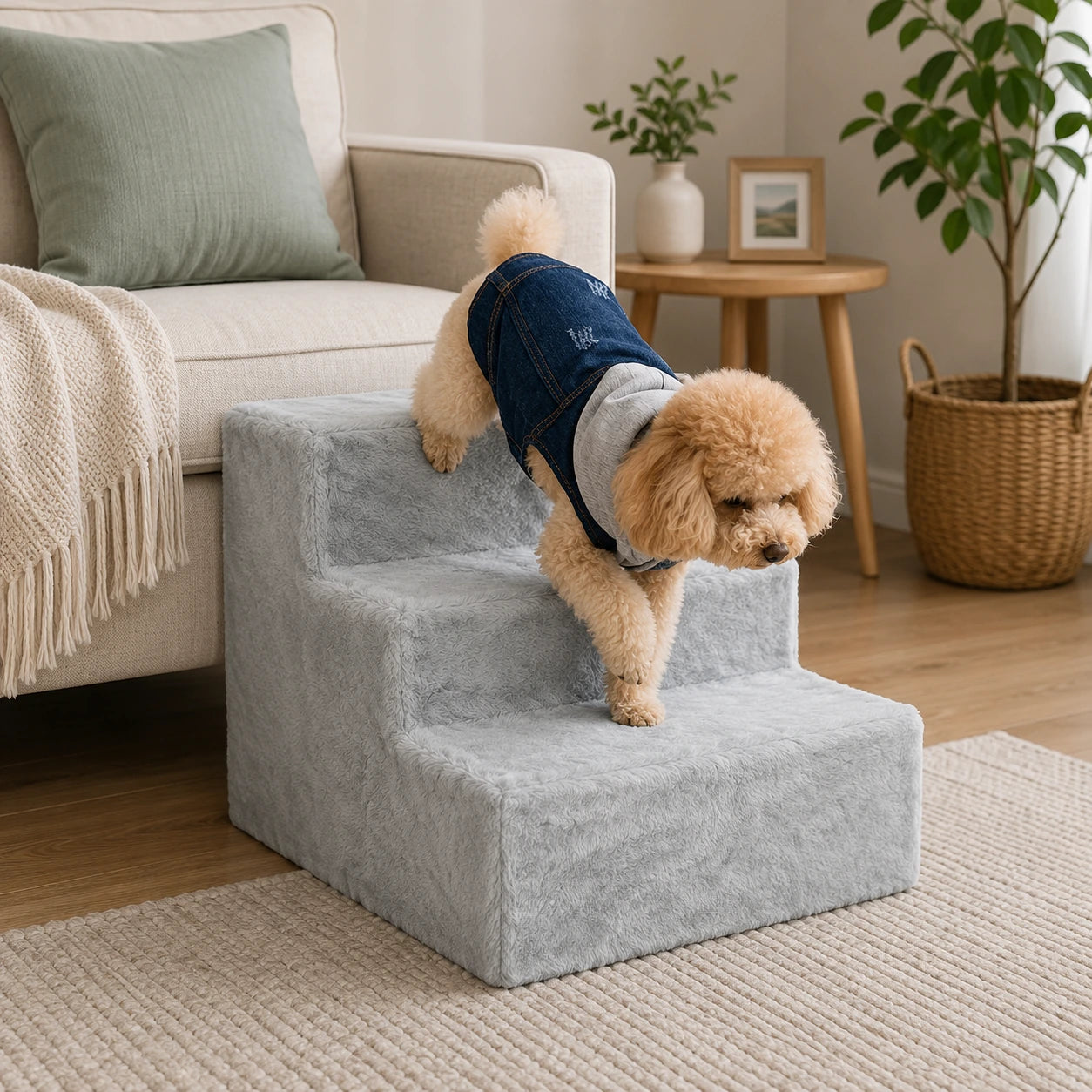 Light Grey 3-Step Dog Stairs with Washable Plush Cover