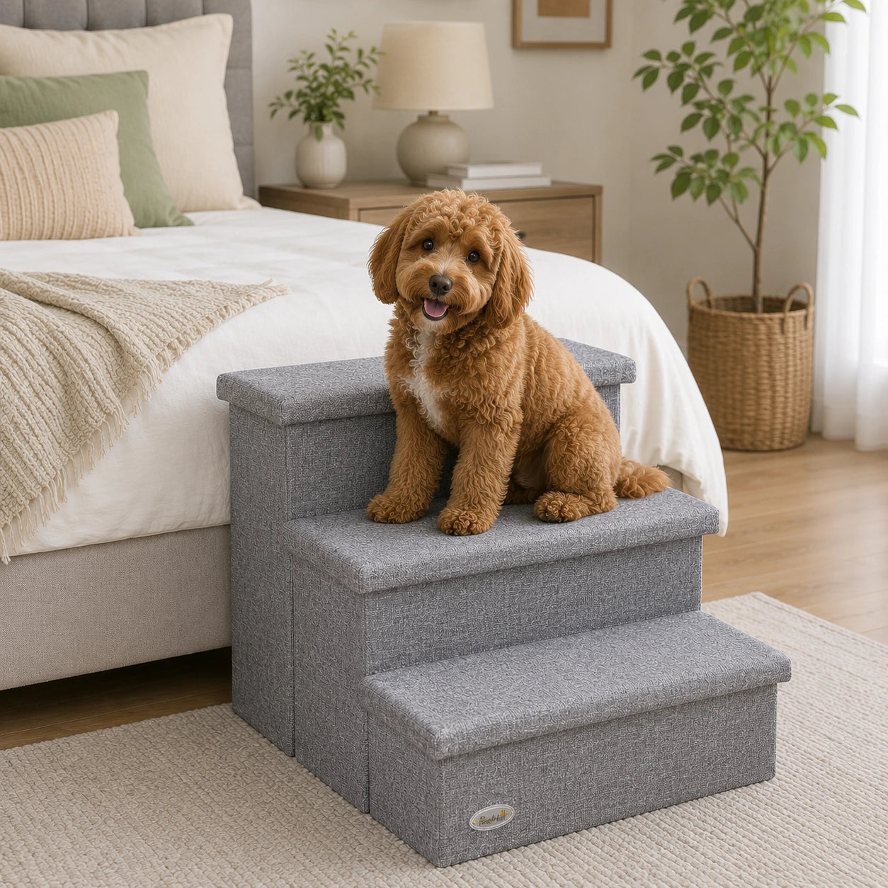 Light Grey 3-Step Pet Stairs with Storage