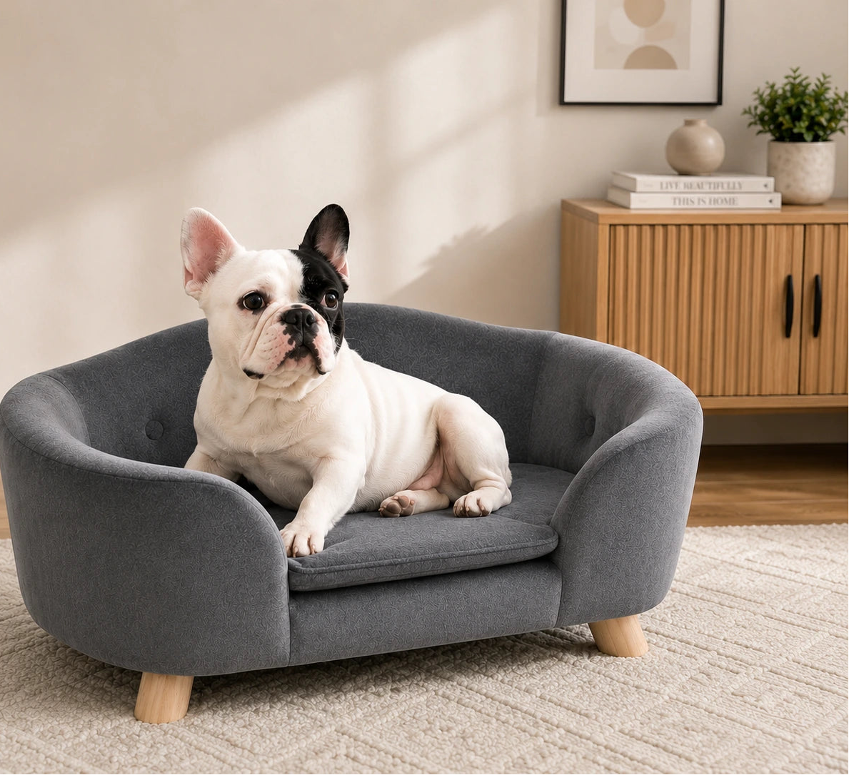 Plush Dog Sofa with Washable Cushion – Grey