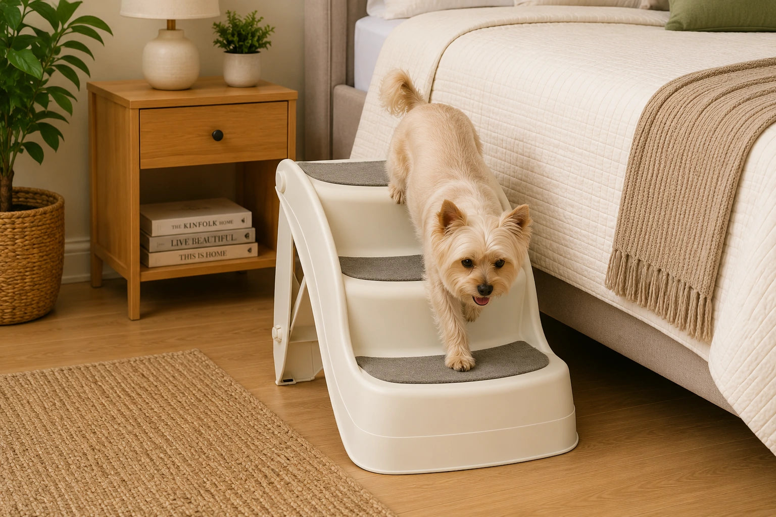 Three-Step Foldable Dog Stairs with Non-Slip Mats – Cream