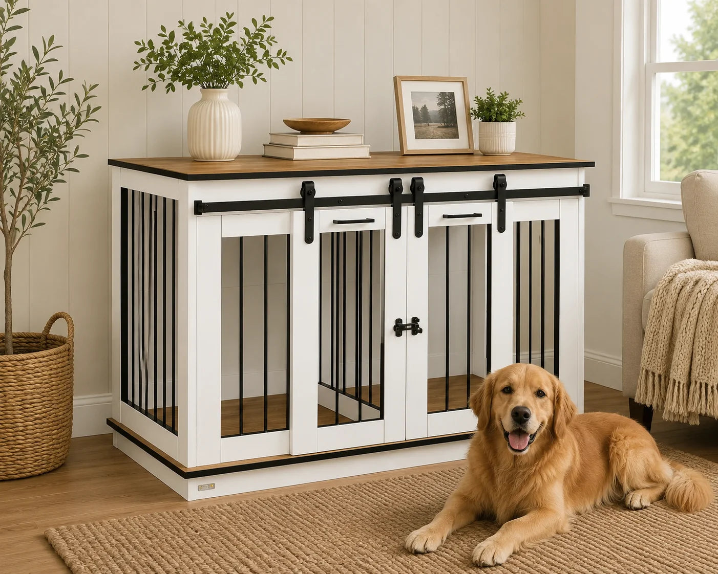 White Double Dog Crate Furniture with Removable Divider