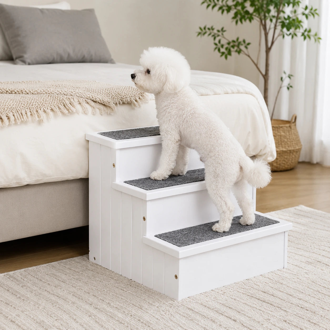 White Wooden Dog Stairs with Hidden Storage